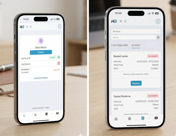 App Hellogest: tessera digitale e lista corsi sul telefono dell'atleta