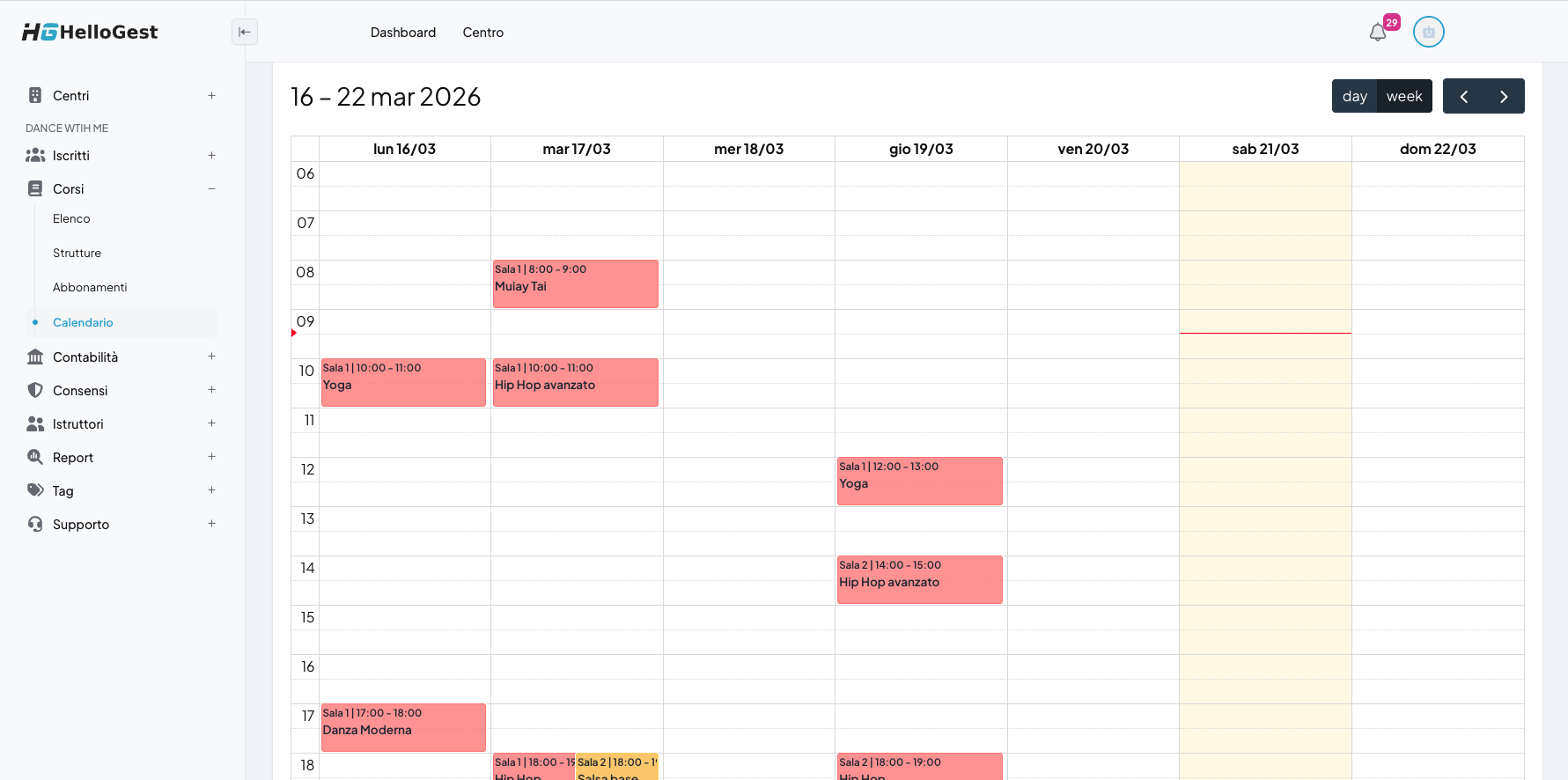 Hellogest: calendario settimanale corsi e lezioni